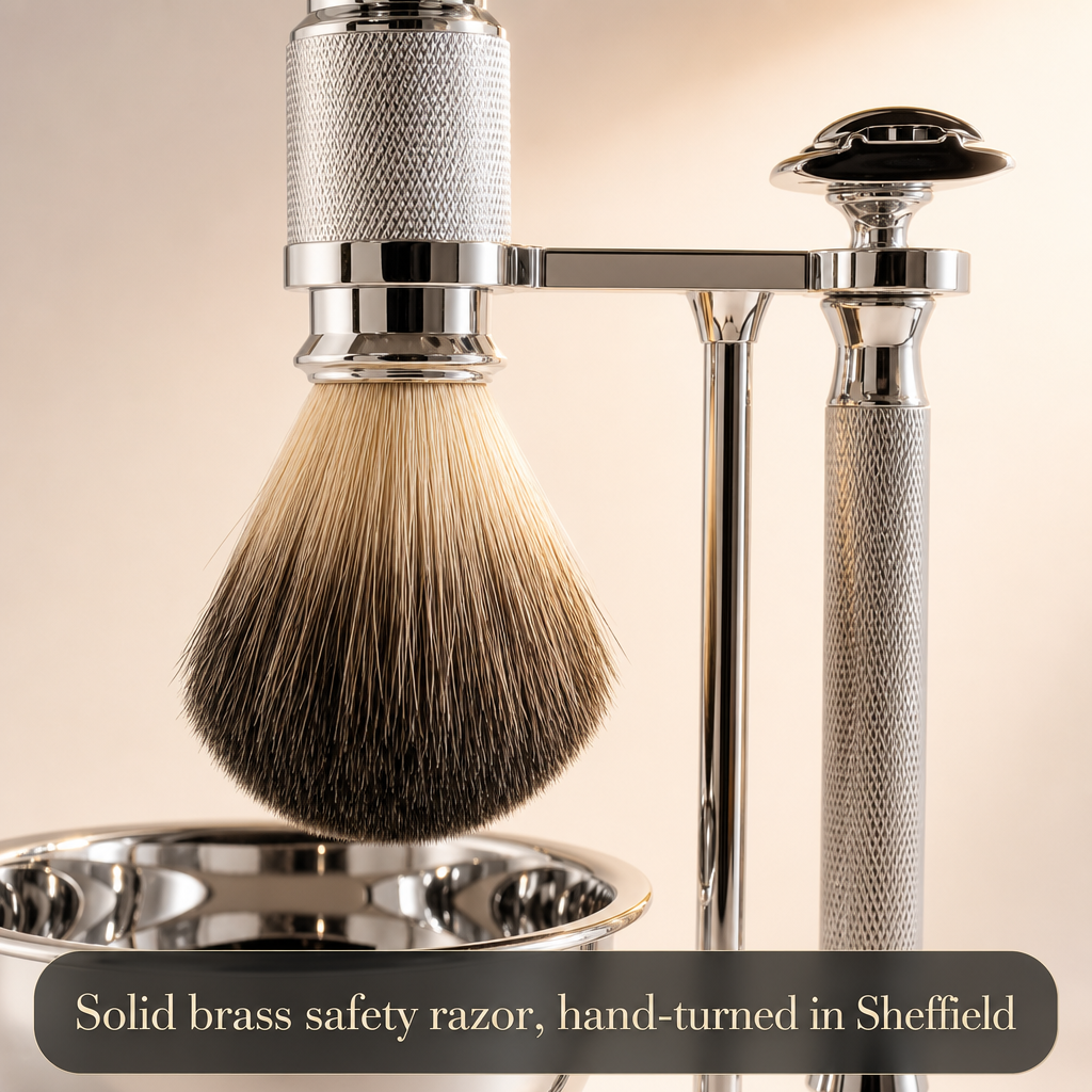 Solid brass safety razor, hand-turned in Sheffield
