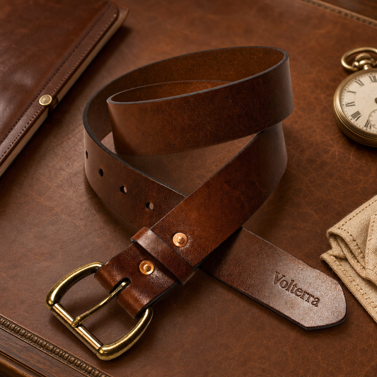 Hand-cut Volterra Italian leather belt with solid brass buckle, hero shot