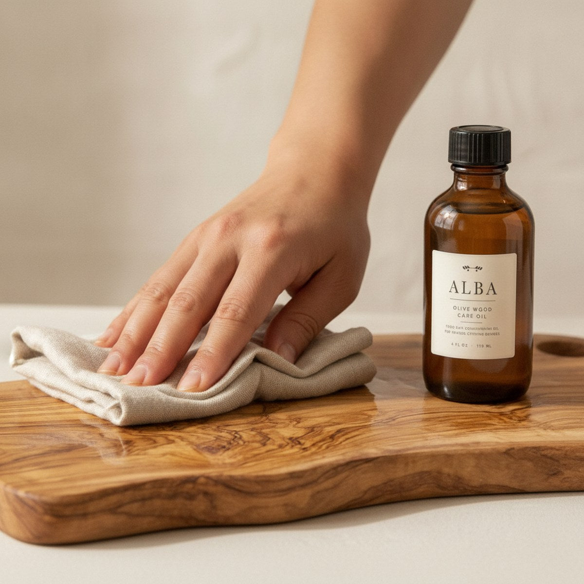 Wiping a thin coat of care oil into the board with a linen cloth
