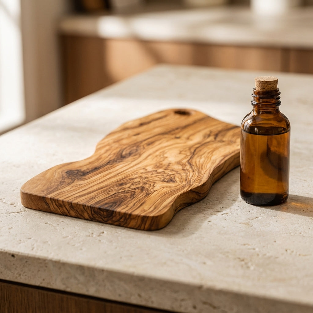 Alba olive wood board and care oil on a kitchen counter