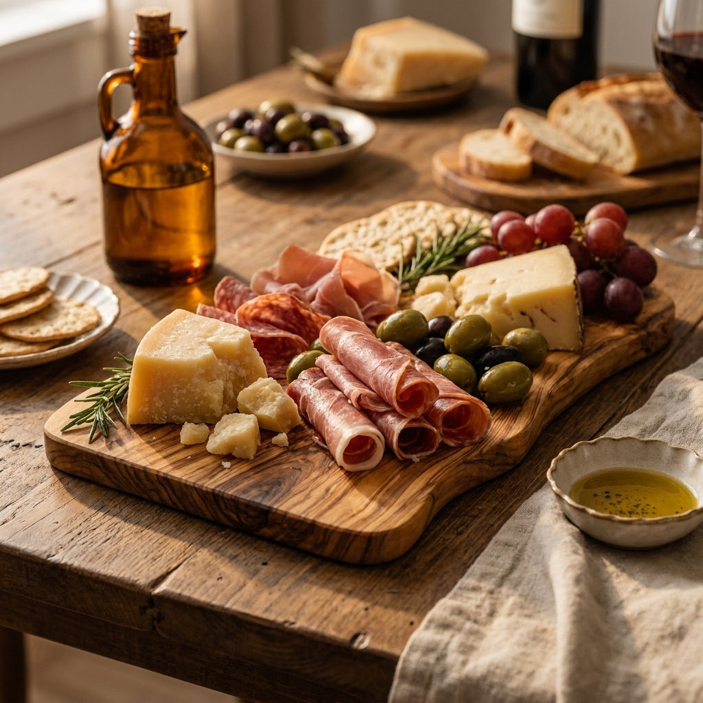 Alba olive wood board served with cheese and cured meat