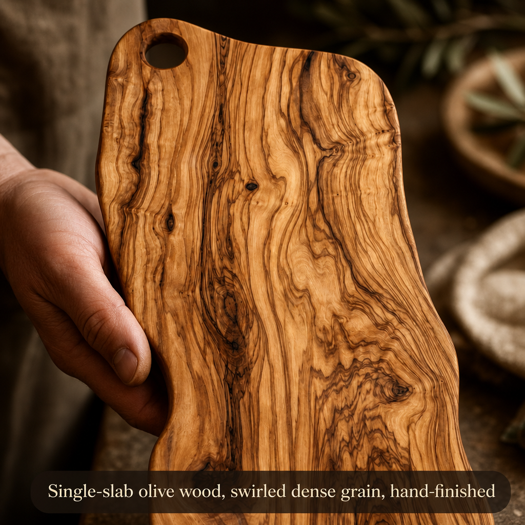 Alba Olive Wood Board + 4 Cheese Knives + Care Oil (11