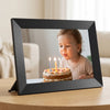 Close view of the 10.1 inch touchscreen and the matte black frame, a toddler blowing out birthday candles