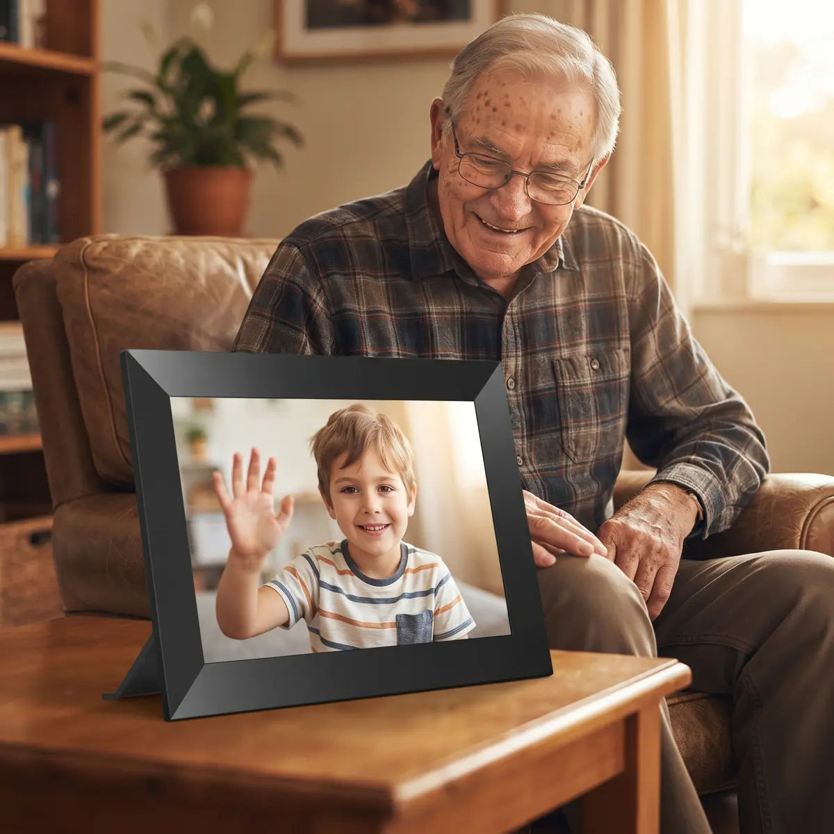 A grandfather in his armchair smiling at his grandson waving on the frame