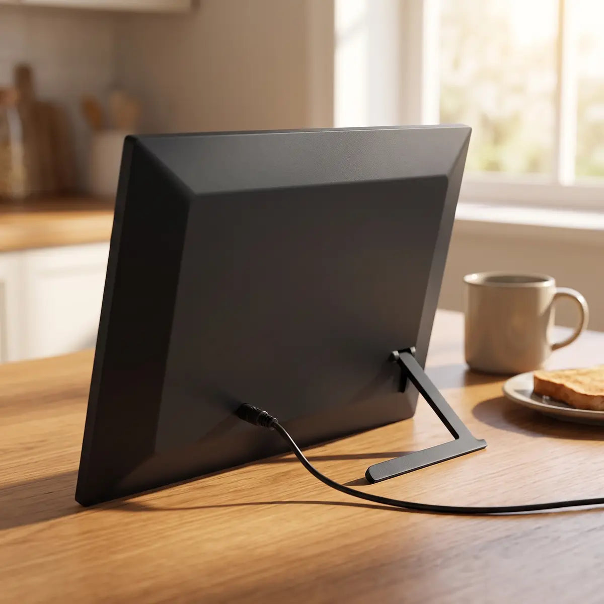 Back of the frame with the removable stand and the power cable