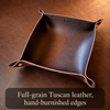 Full-grain Tuscan leather, hand-burnished edges