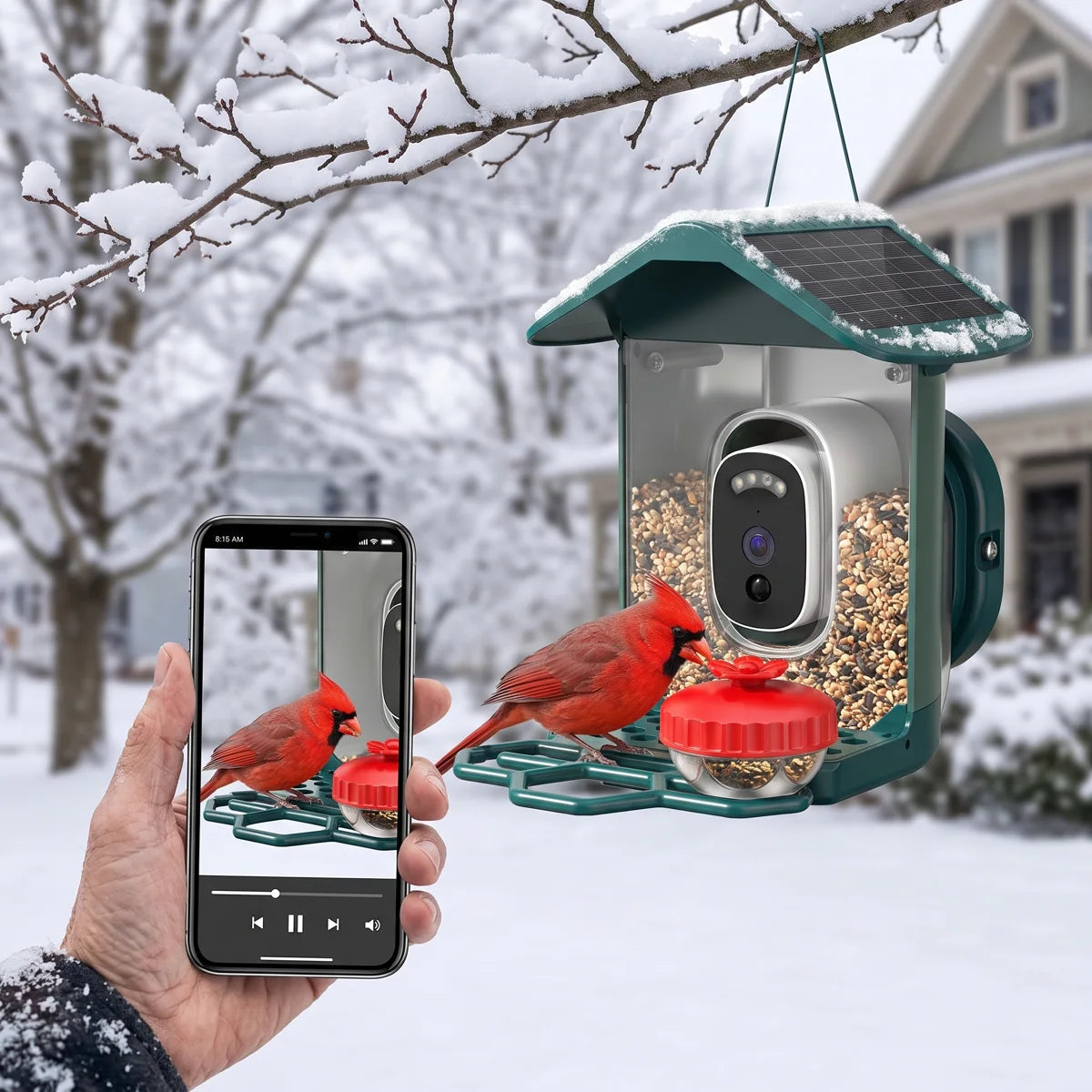Larkhaven camera feeder on a snowy maple branch with a cardinal, the clip on a phone