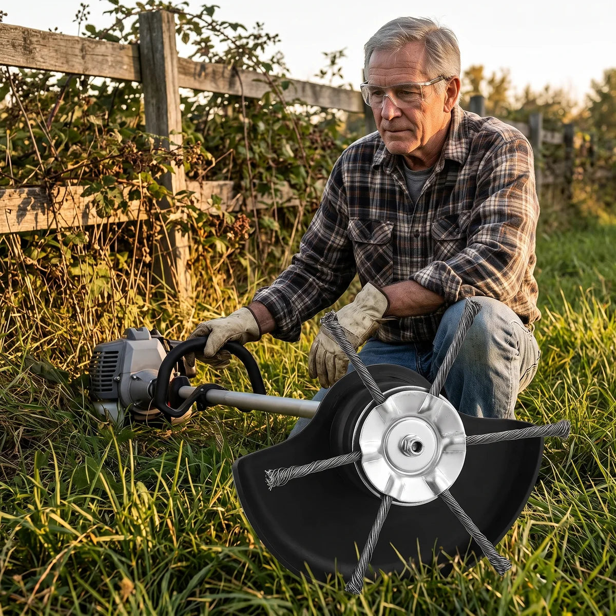 Man kneeling by an overgrown fence line next to his gas trimmer fitted with the Thornwell steel wire head