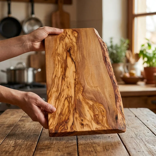 Two hands lifting the Alba Live-Edge Olive Wood Slab off a wooden table