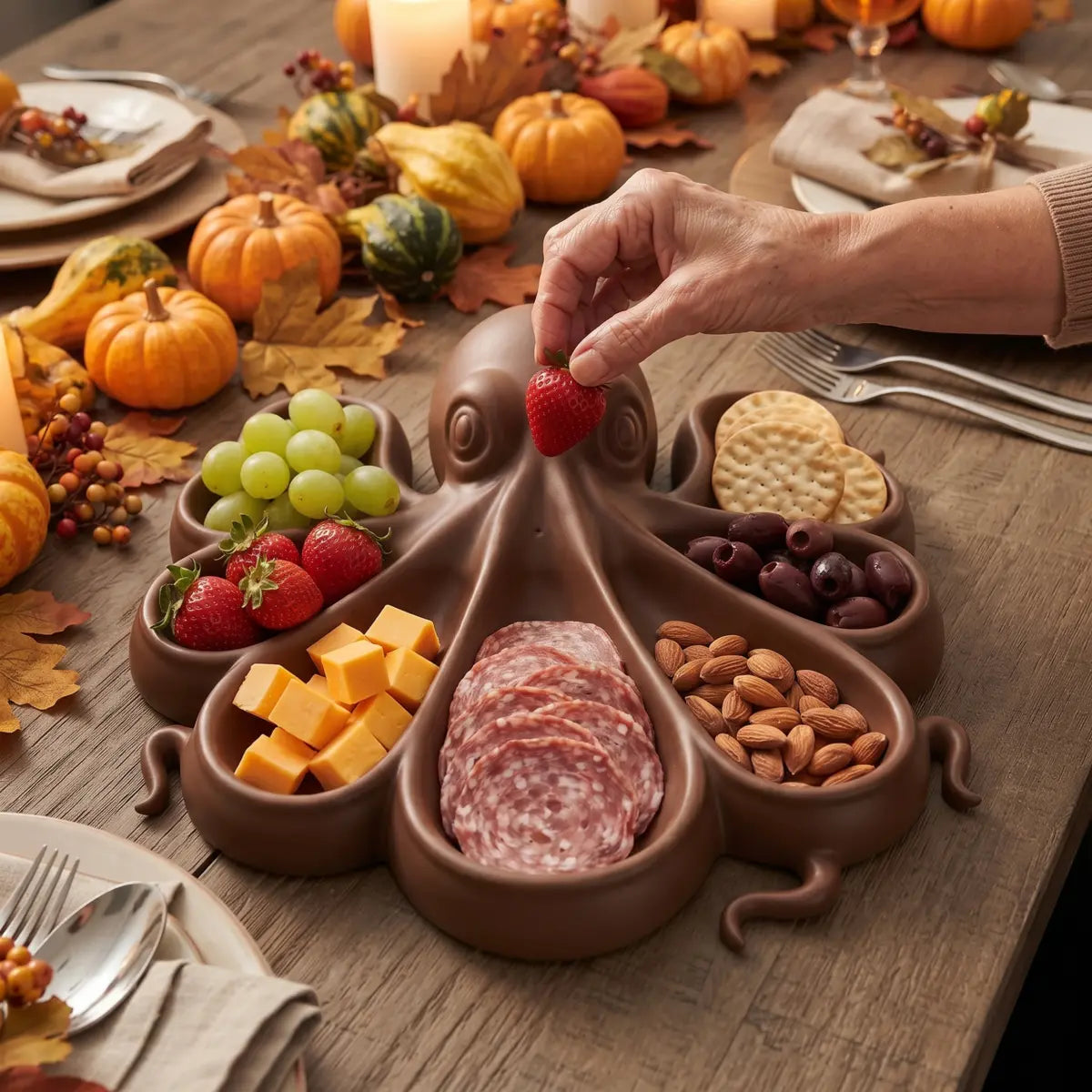 Marlowe Bay octopus platter filled with grapes, cheese, salami and crackers on a Thanksgiving table