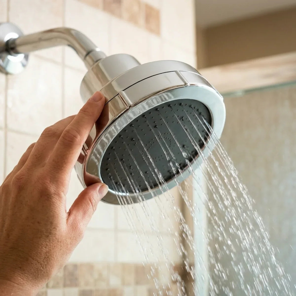 A hand resting on the chrome ring of the filtered shower head while the water runs