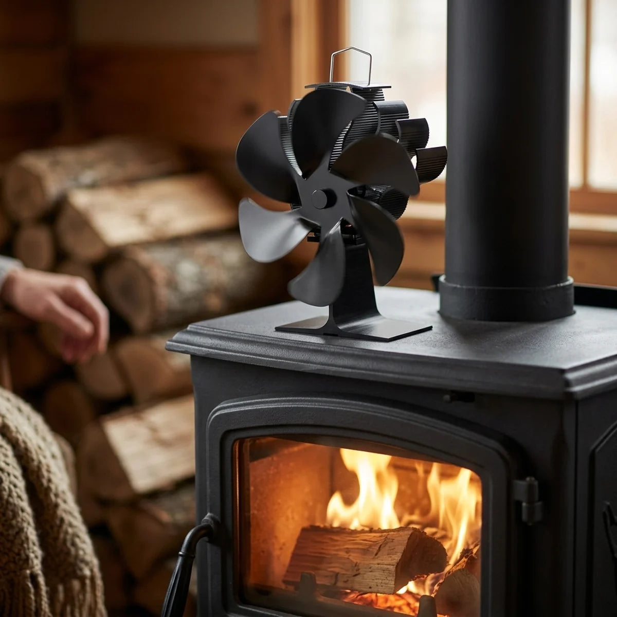 Hearthmoor six-vane stove fan on the flat top of a wood stove, flames behind the glass