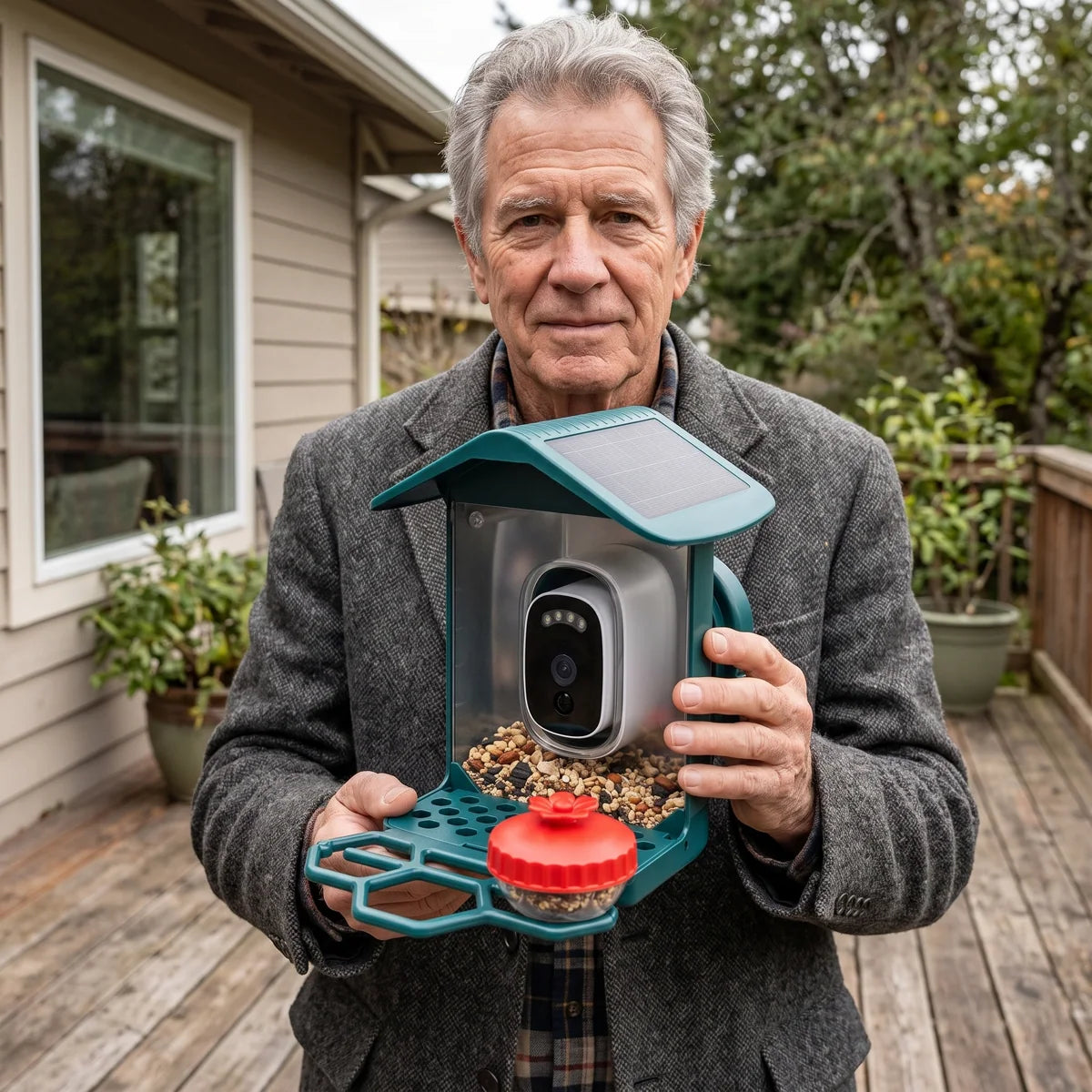 The feeder held in two hands, camera and solar roof visible