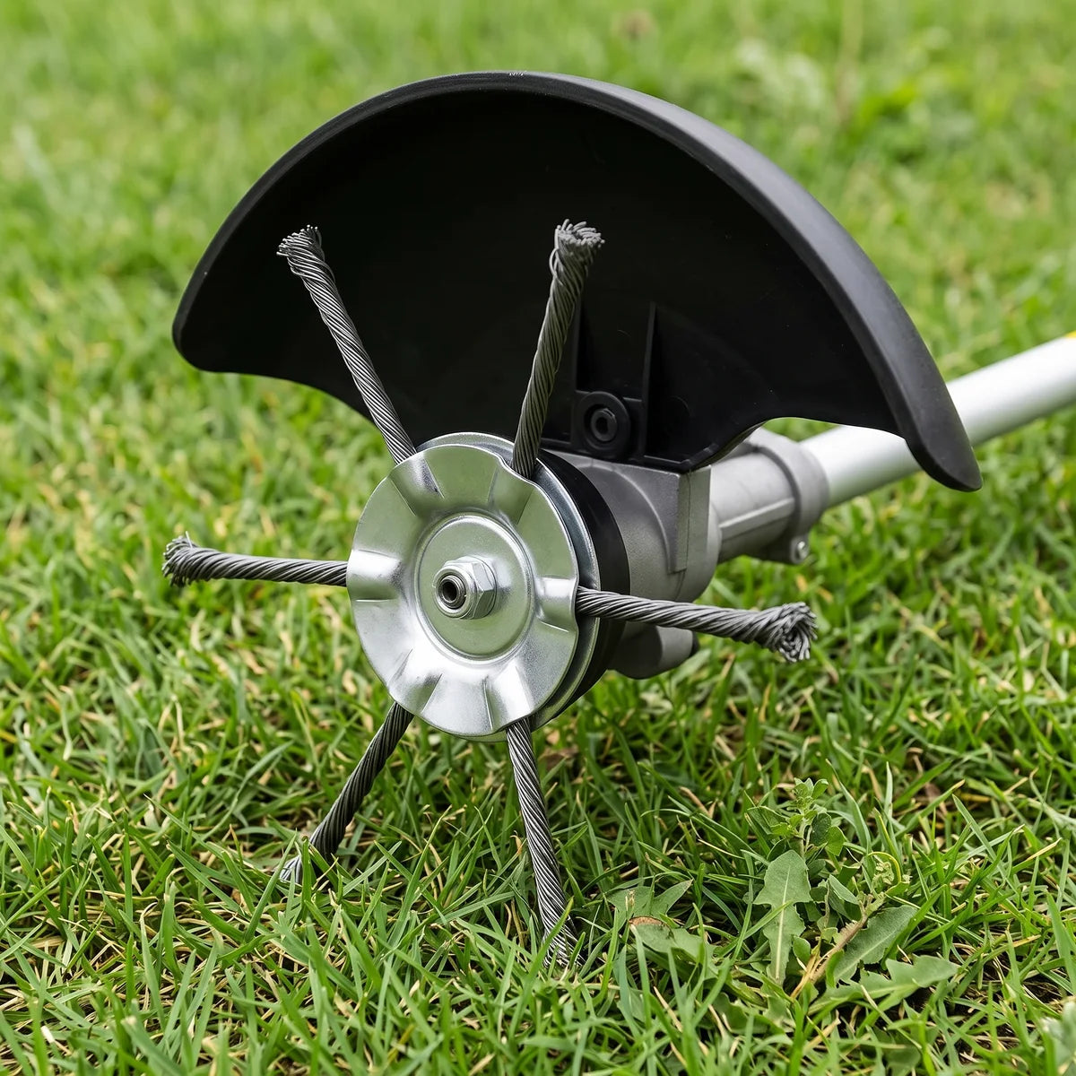 Thornwell steel wire head mounted under the guard of a gas string trimmer, six twisted steel cables