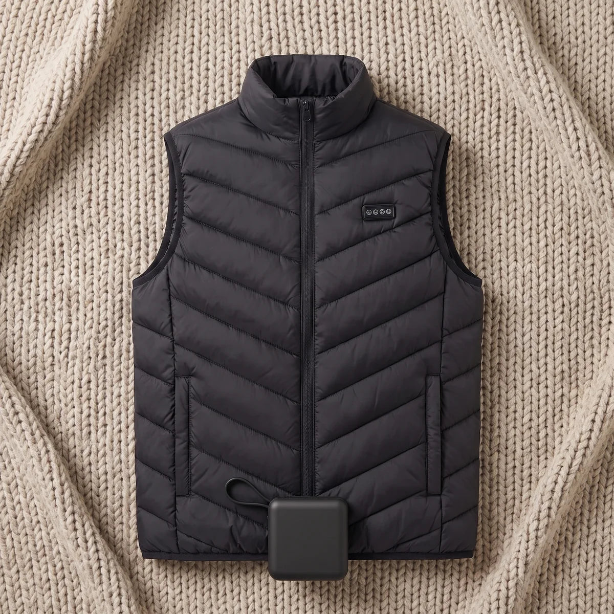The Calvane heated vest laid flat with its small USB battery
