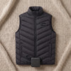 The Calvane heated vest laid flat with its small USB battery