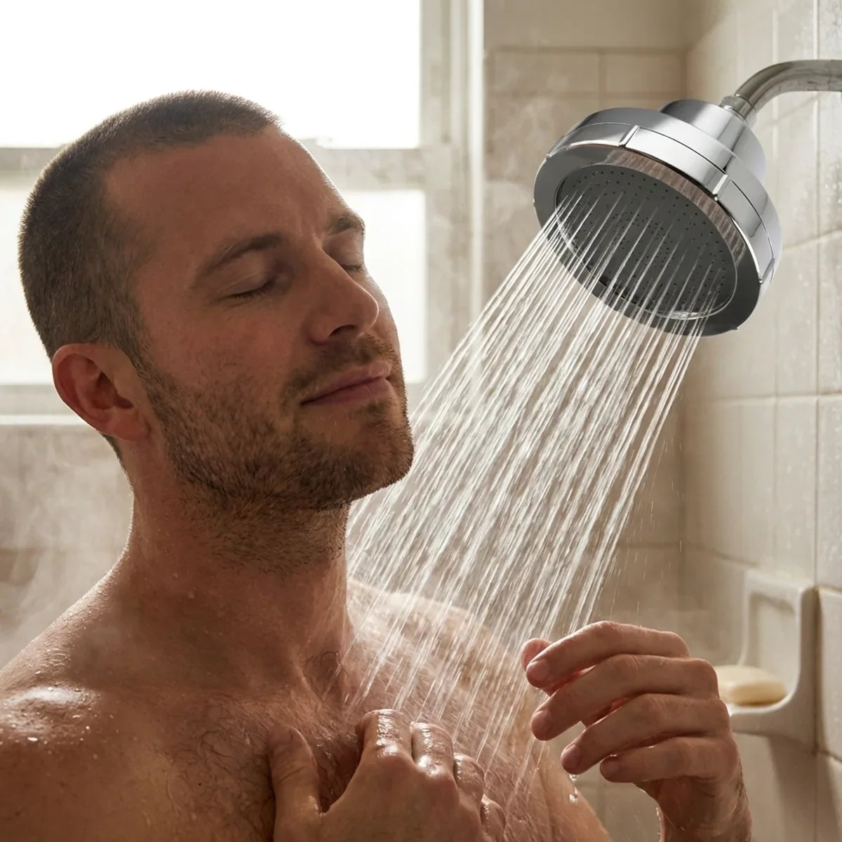 A man showering under the filtered shower head mounted on the wall arm