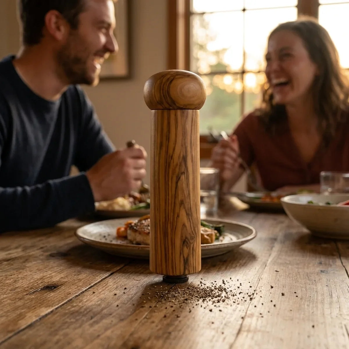 The Alba Olive Wood Pepper Mill in use on a dining table