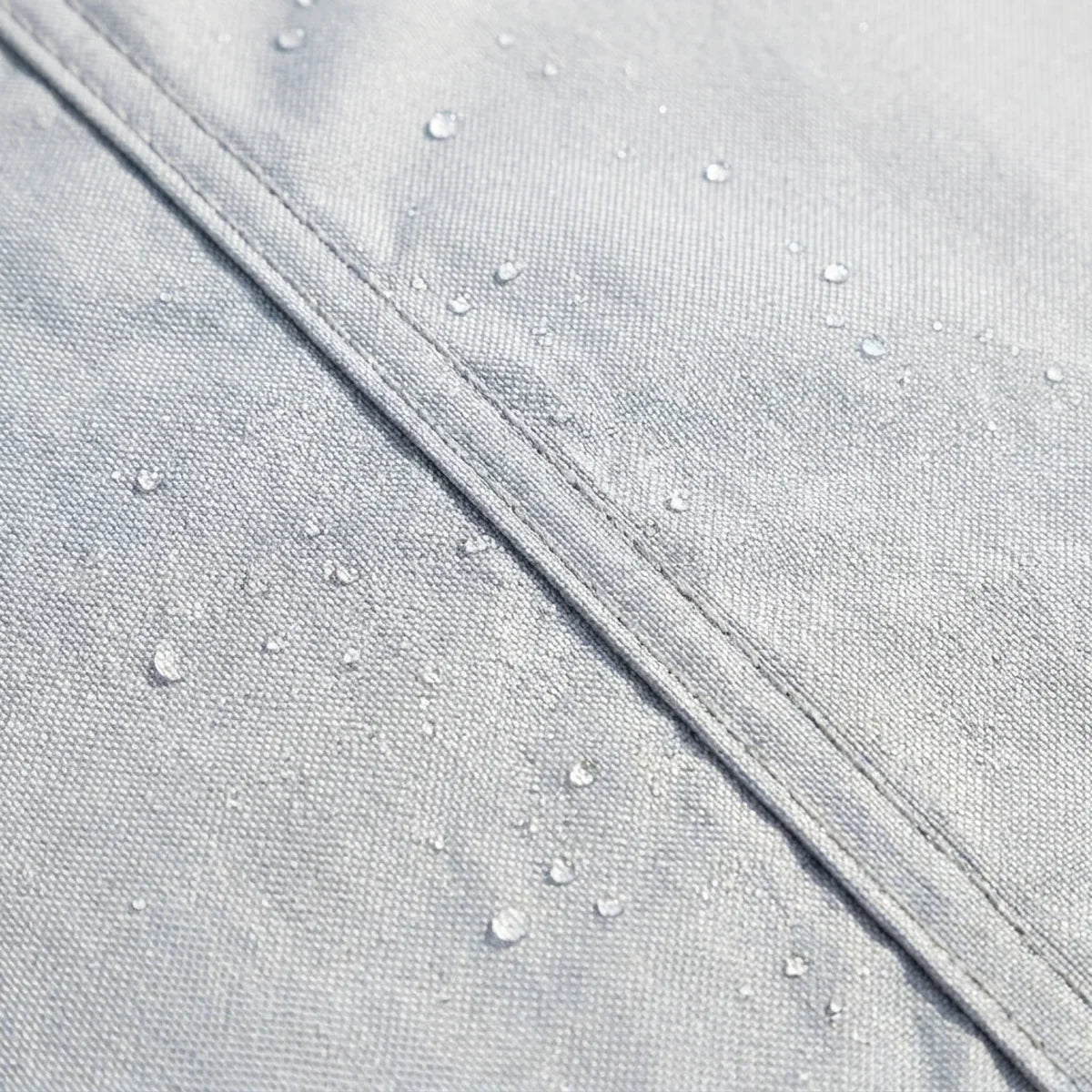 Close-up of the waterproof outer face with water beading on a welded seam