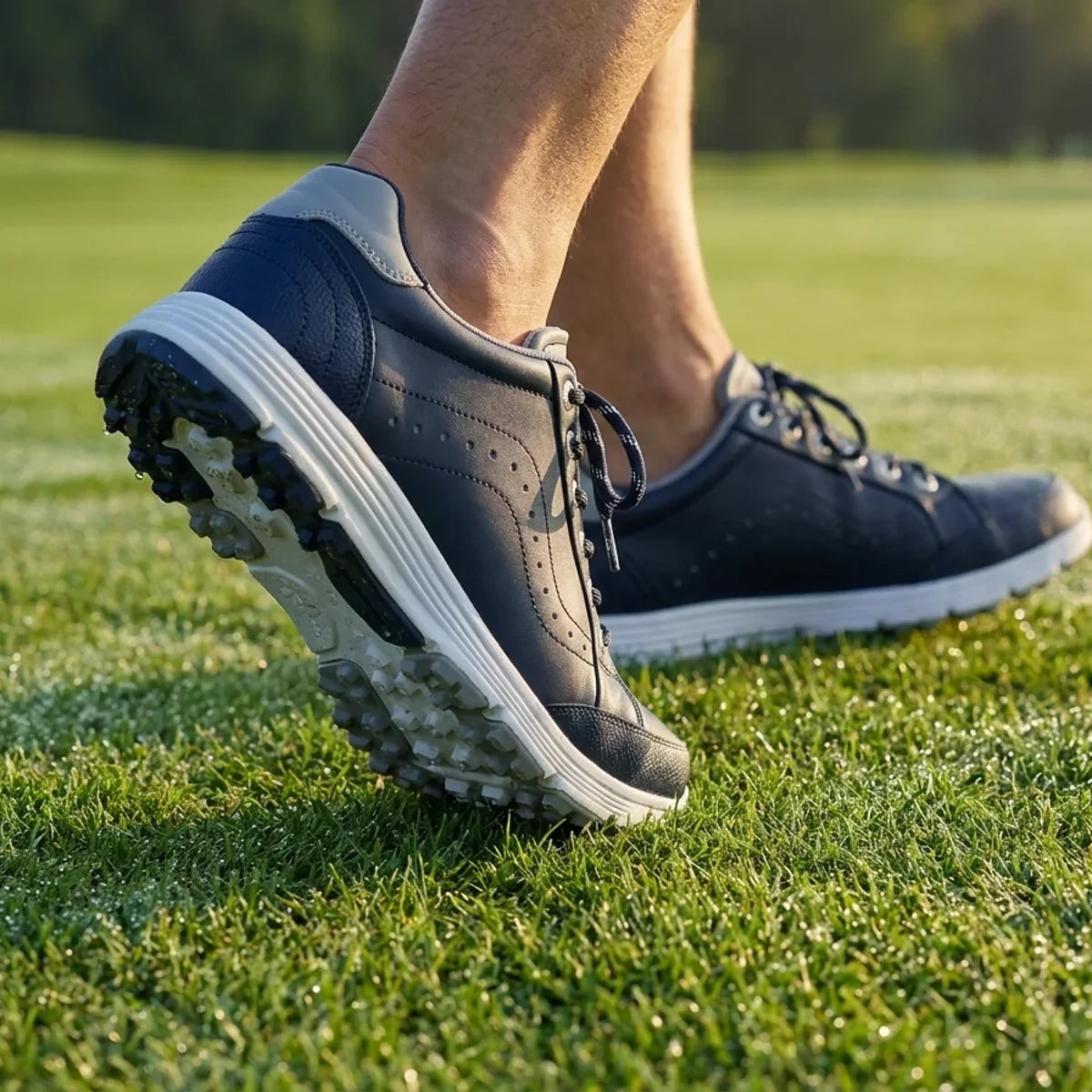 Mid-stride on a wet green, the sole gripping