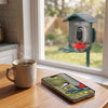 A bird visit clip on a phone at the kitchen table