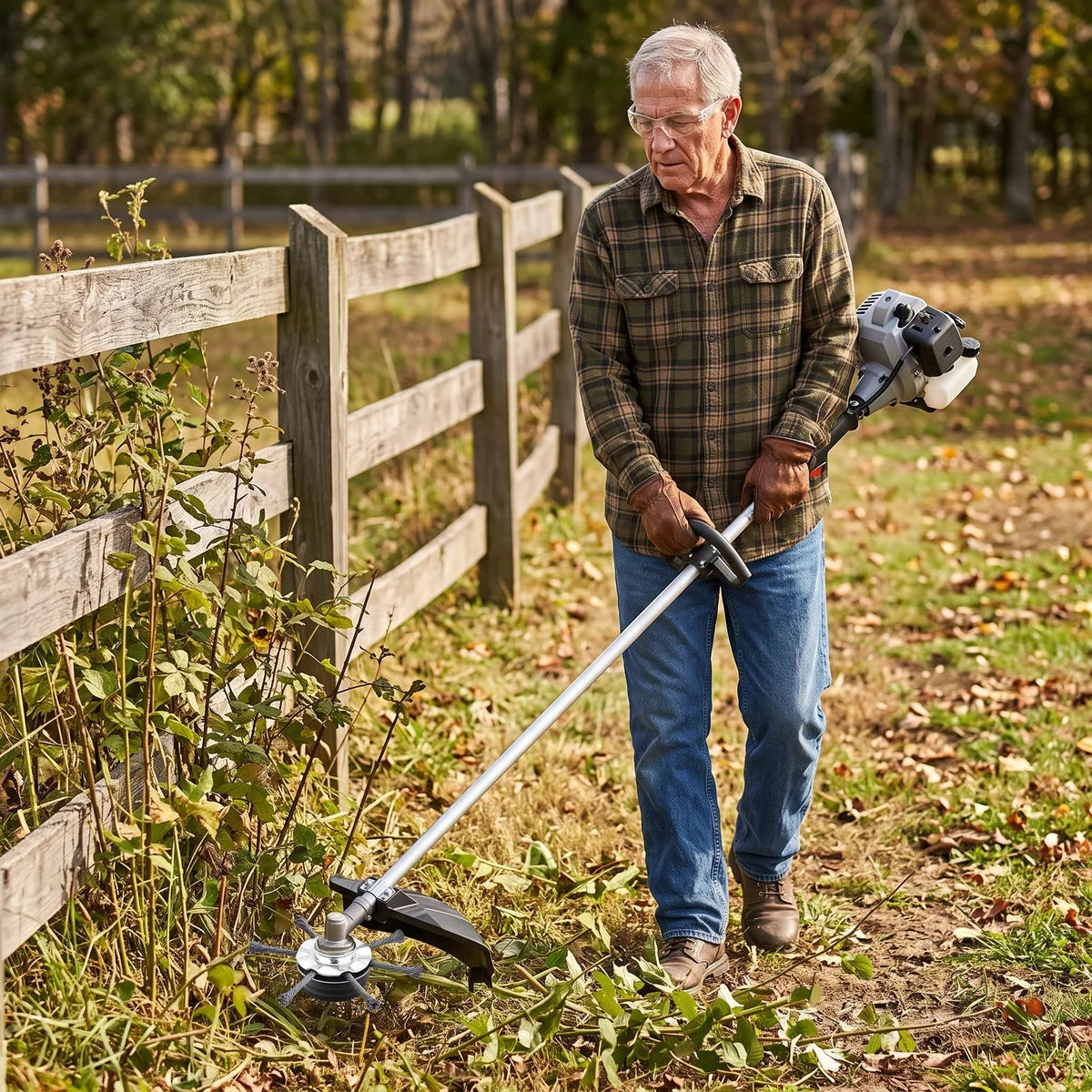 Man in safety glasses clearing weeds and brambles along a wooden fence with the steel wire head
