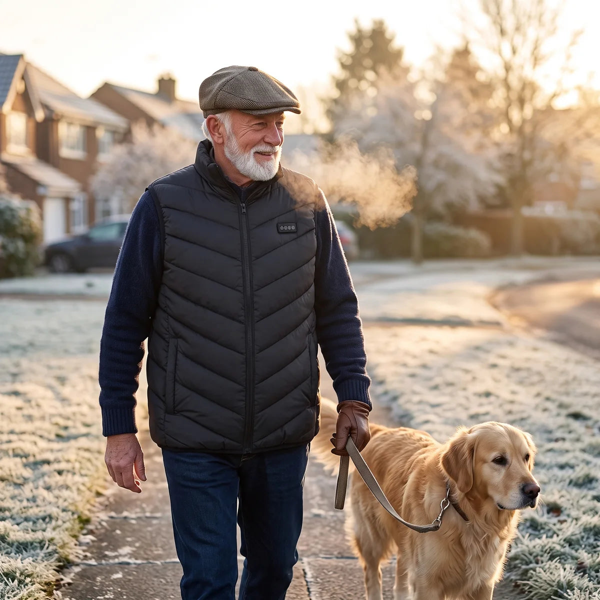 Man walking his dog on a frosty morning in the Calvane heated vest