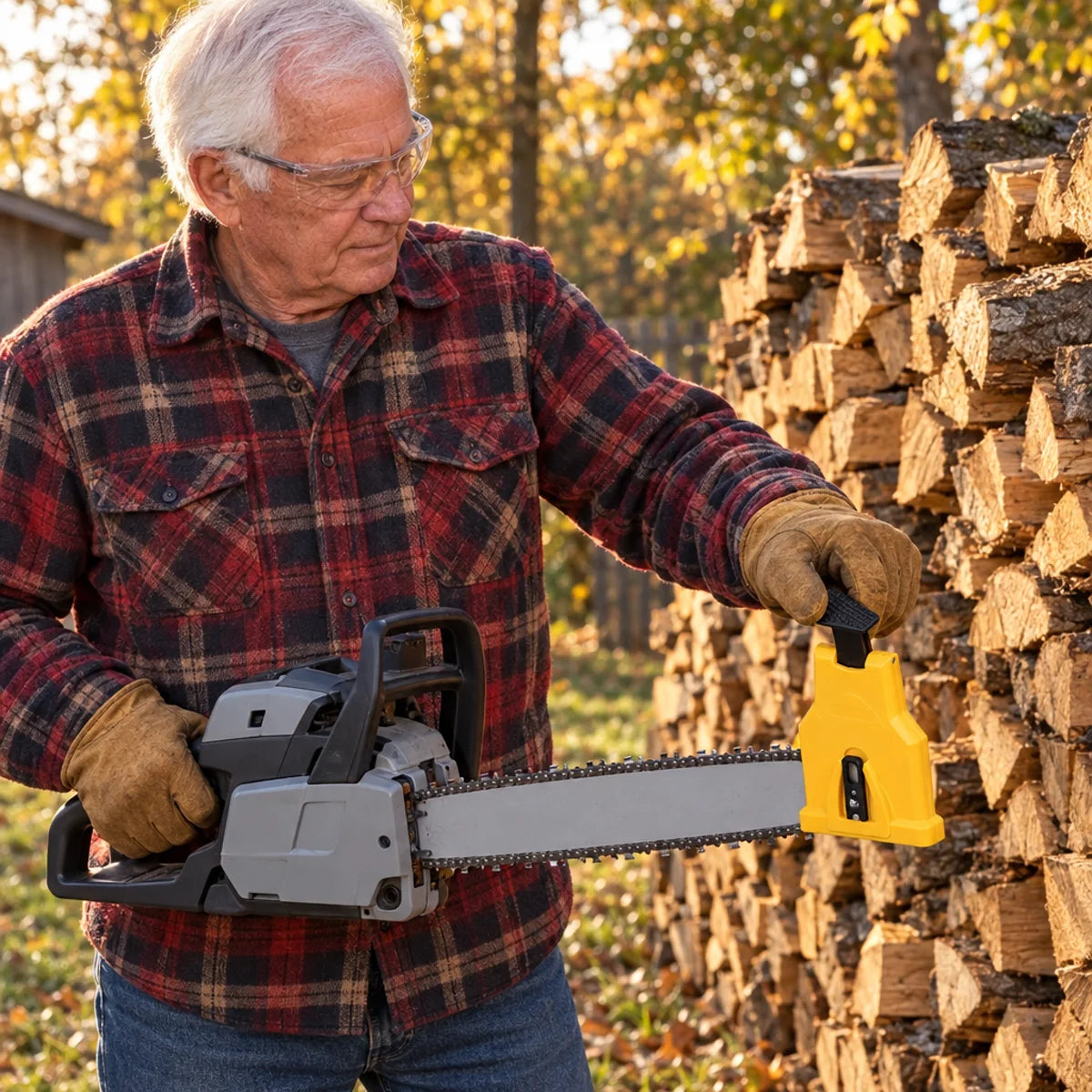Man by his woodpile holding a chainsaw with the Ridgeford sharpener on the bar tip