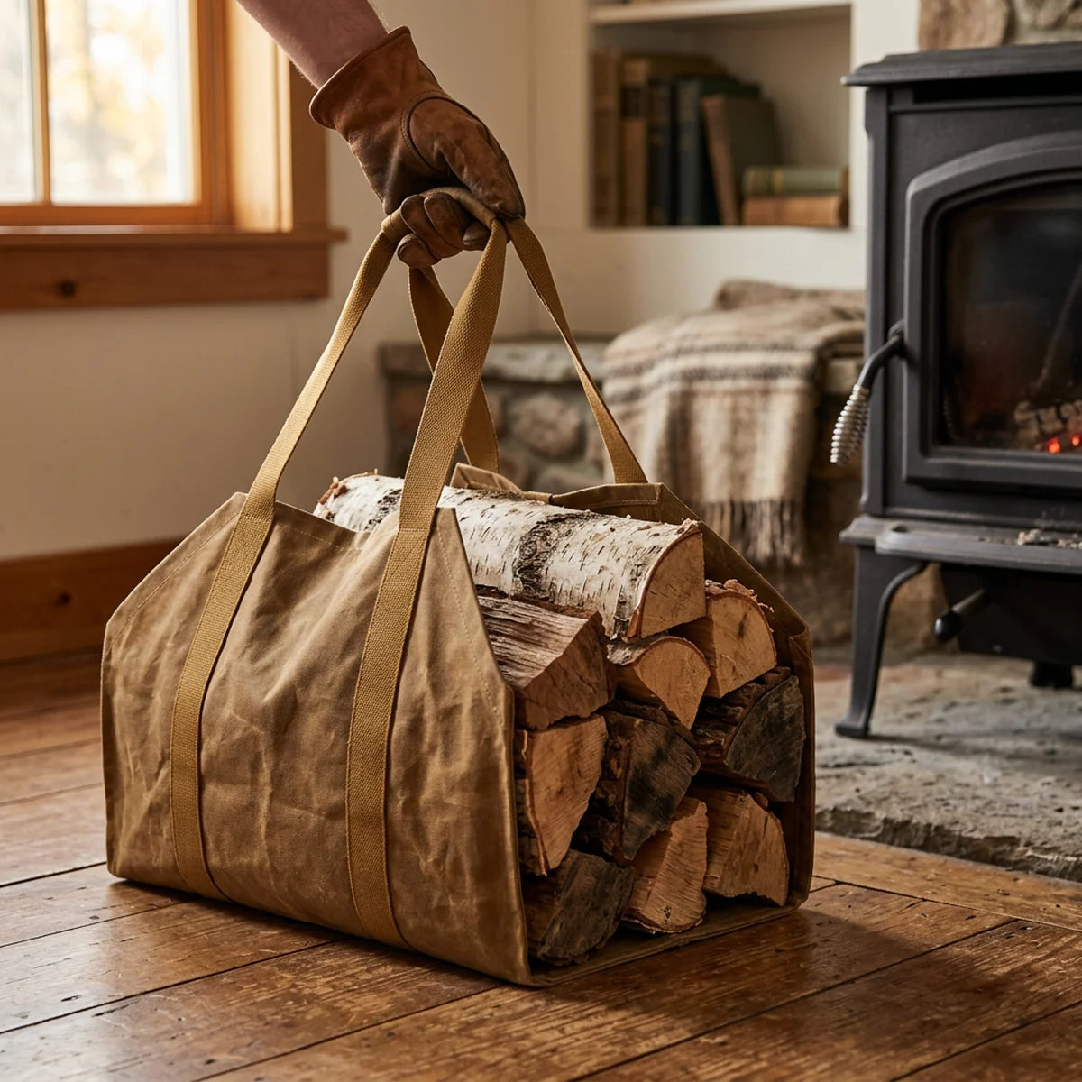 Waxed canvas log carrier full of split logs set down next to the wood stove