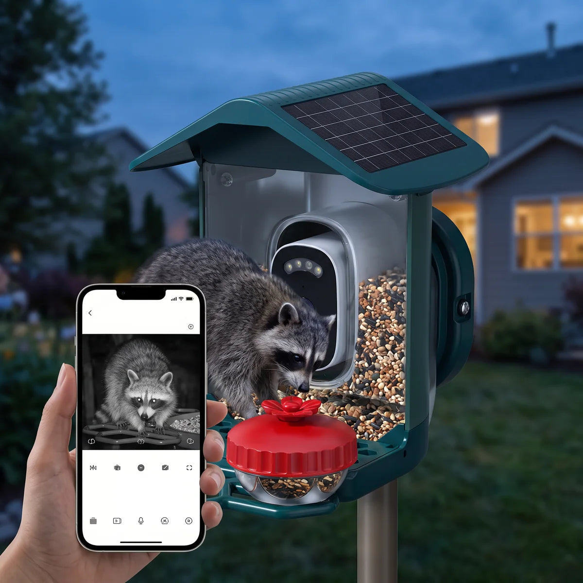 Night vision: a raccoon at the feeder at dusk