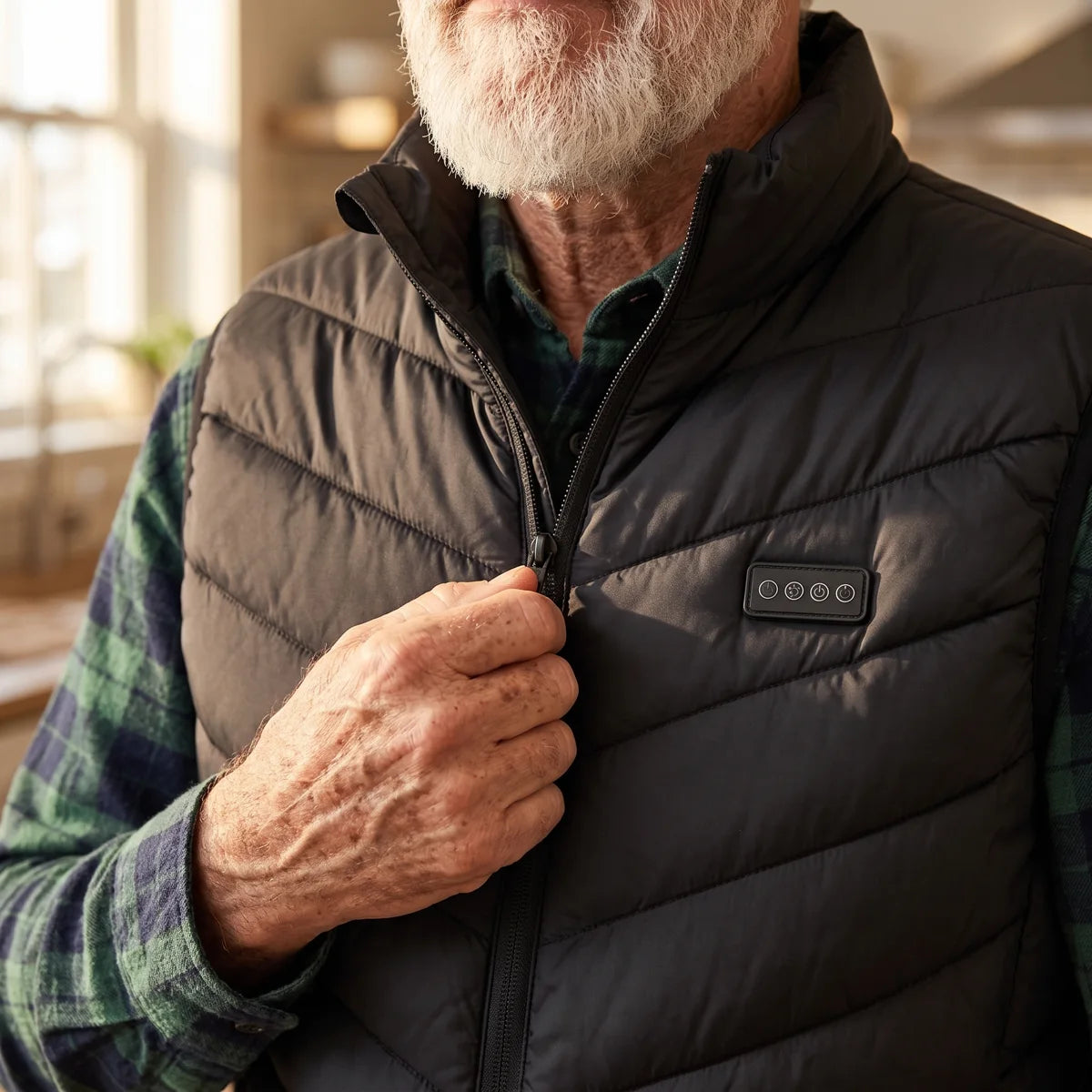 Zipping up the Calvane heated vest over a flannel shirt
