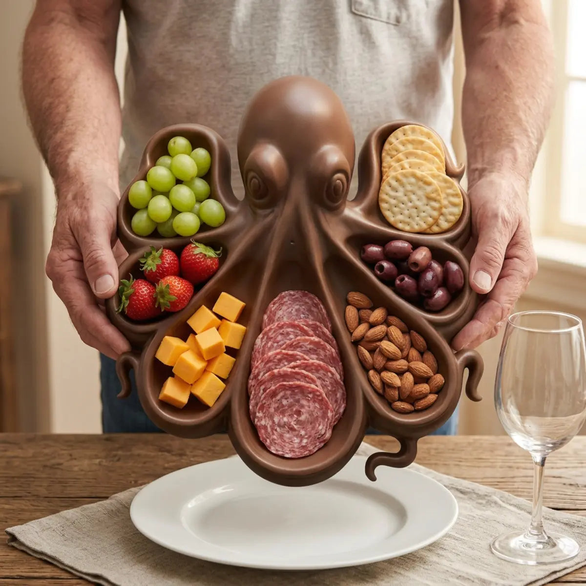 Octopus platter held in two hands above a dinner plate, about 10 inches across