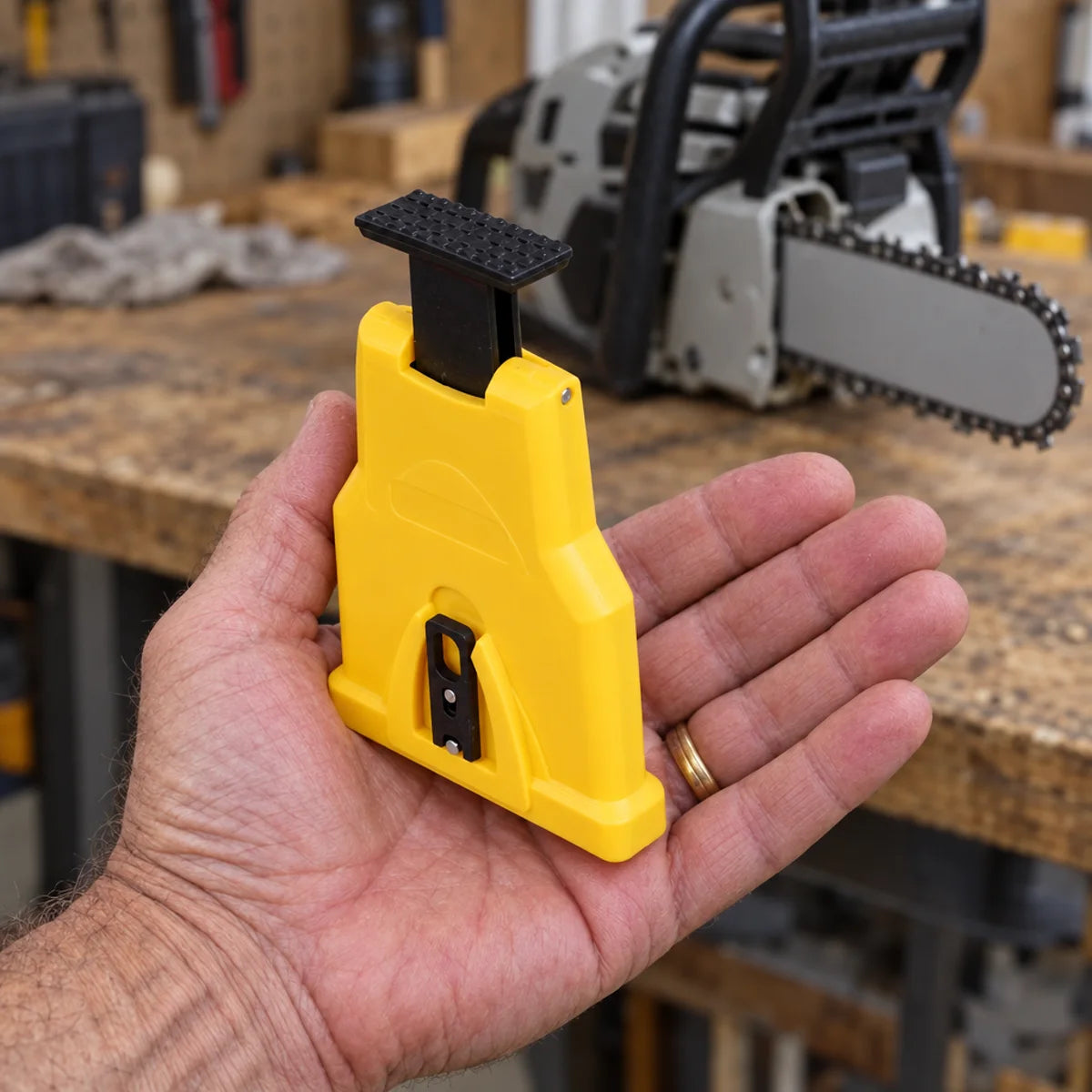 Ridgeford sharpener held in one hand, about the size of a palm