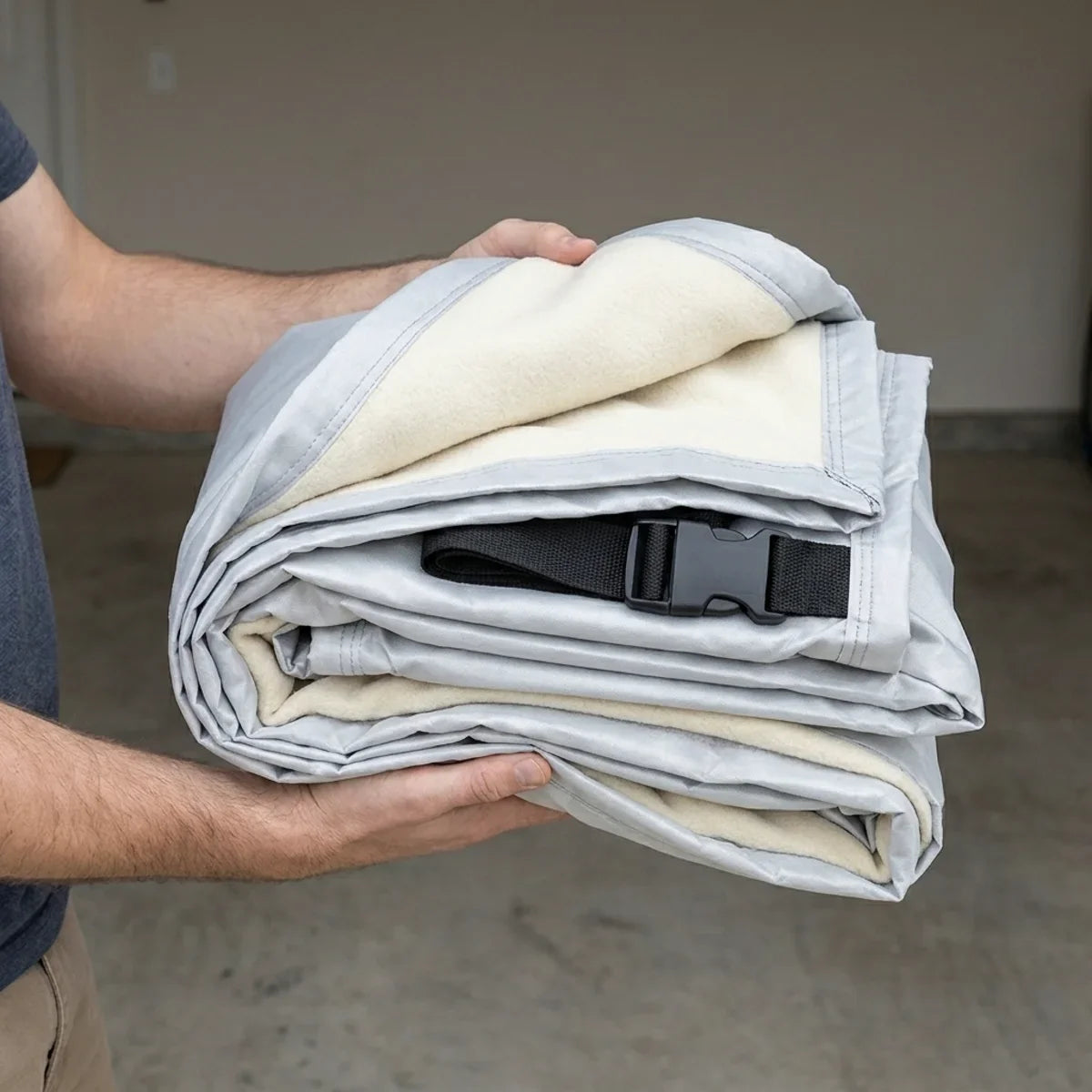 The folded cover held at chest height to show its size
