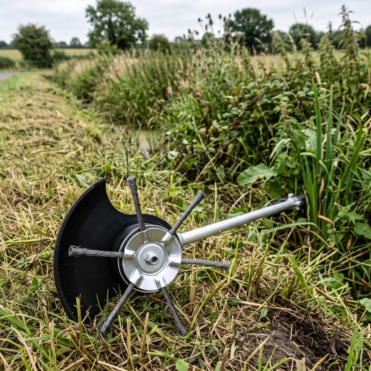 Ditch bank half cleared with the steel wire head, half still overgrown