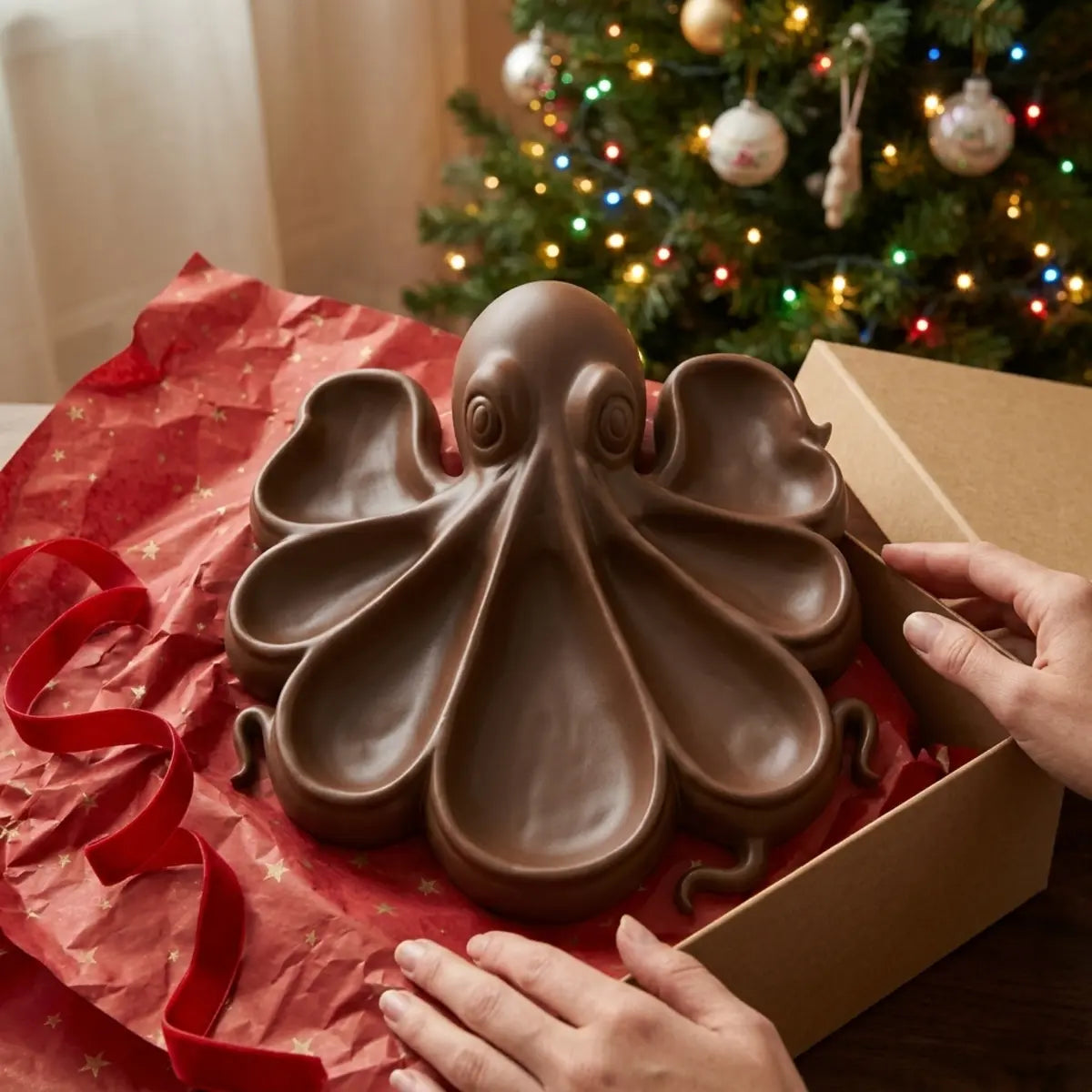 Octopus serving platter unwrapped from red Christmas gift paper by the tree