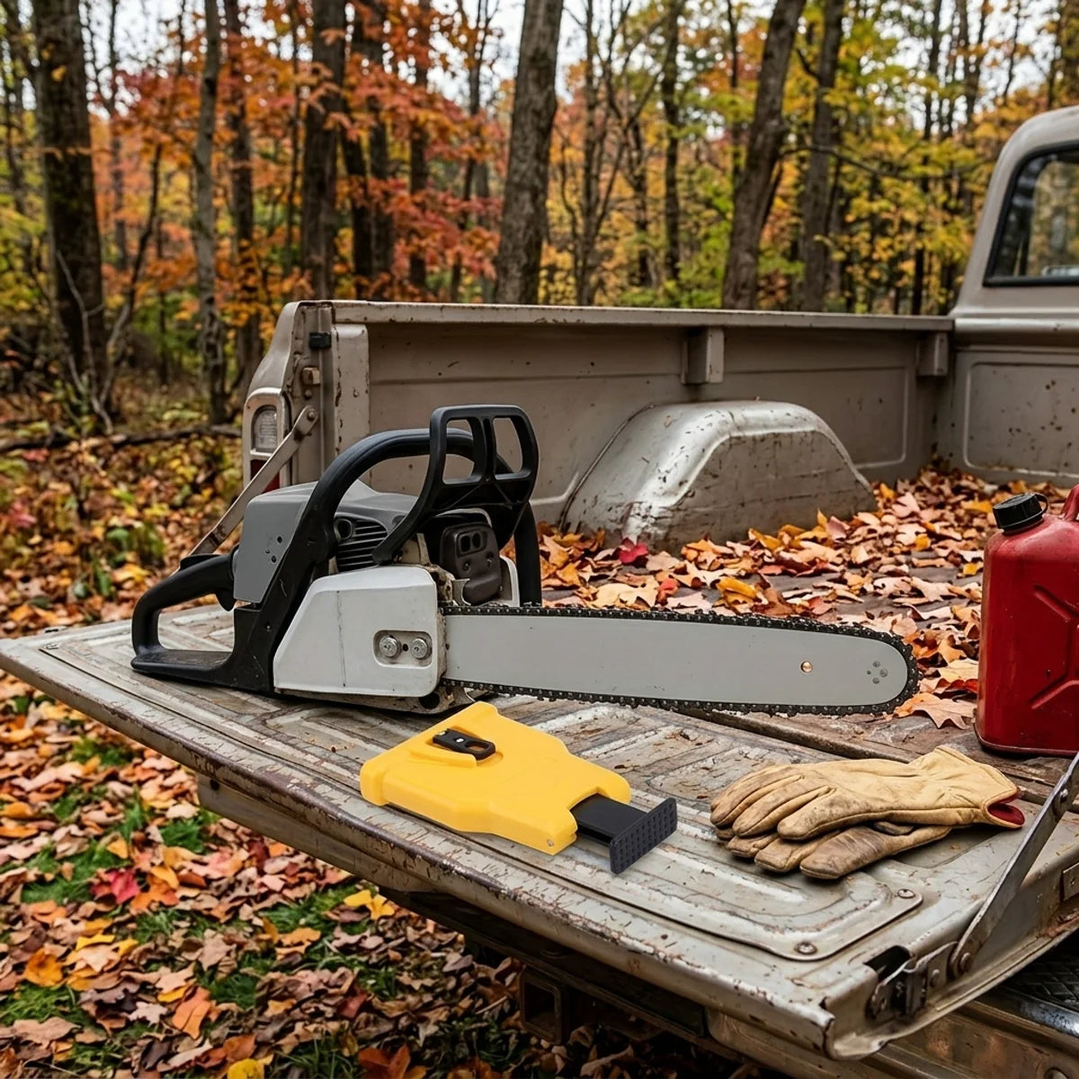 Ridgeford sharpener on a pickup tailgate next to a chainsaw, gloves and fuel can