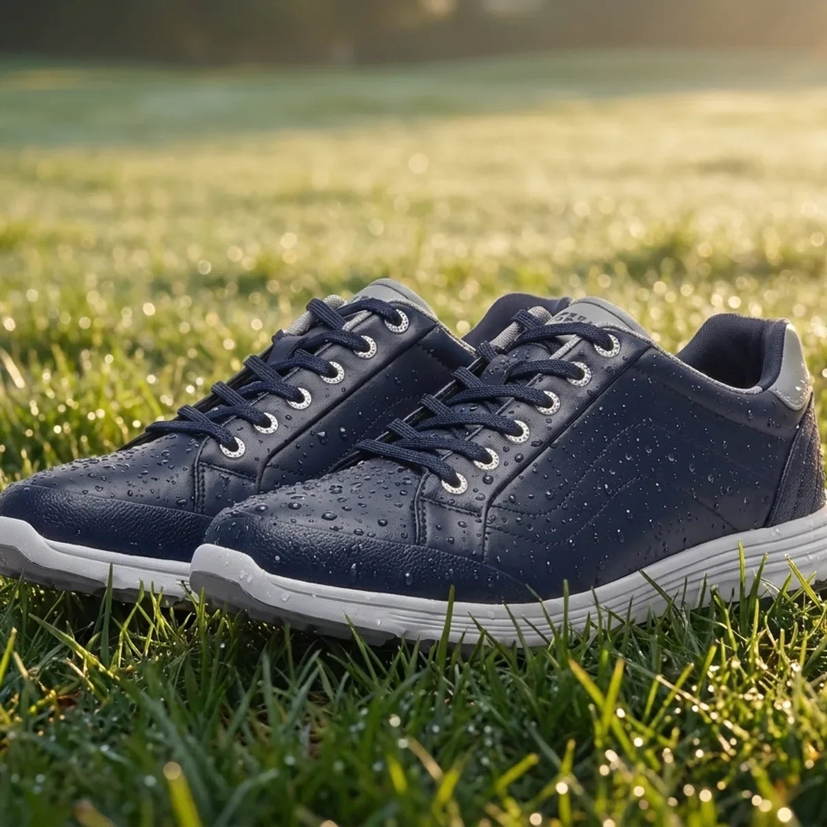Water beading on the waterproof upper in morning dew