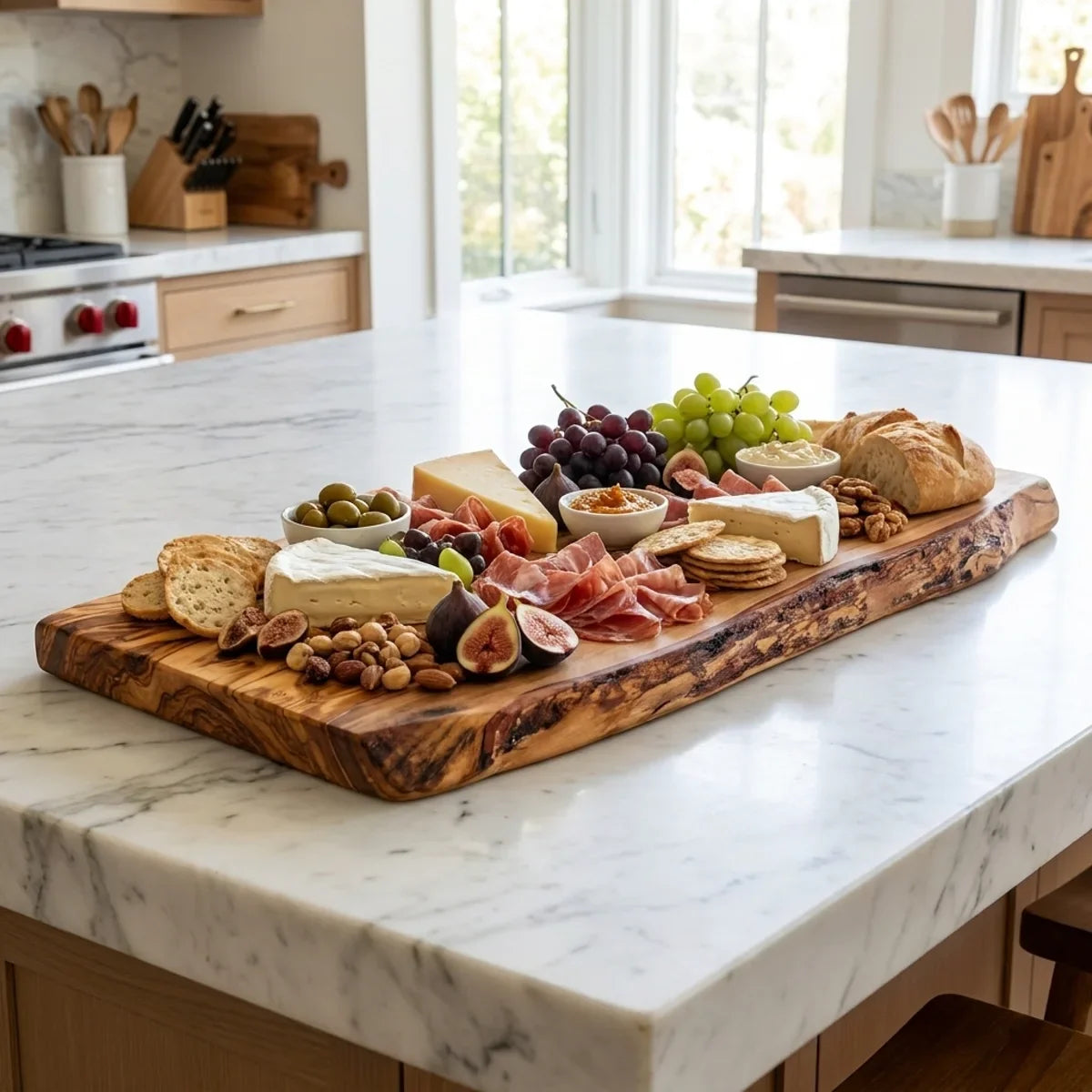 The Alba Live-Edge Olive Wood Slab in use on a kitchen island