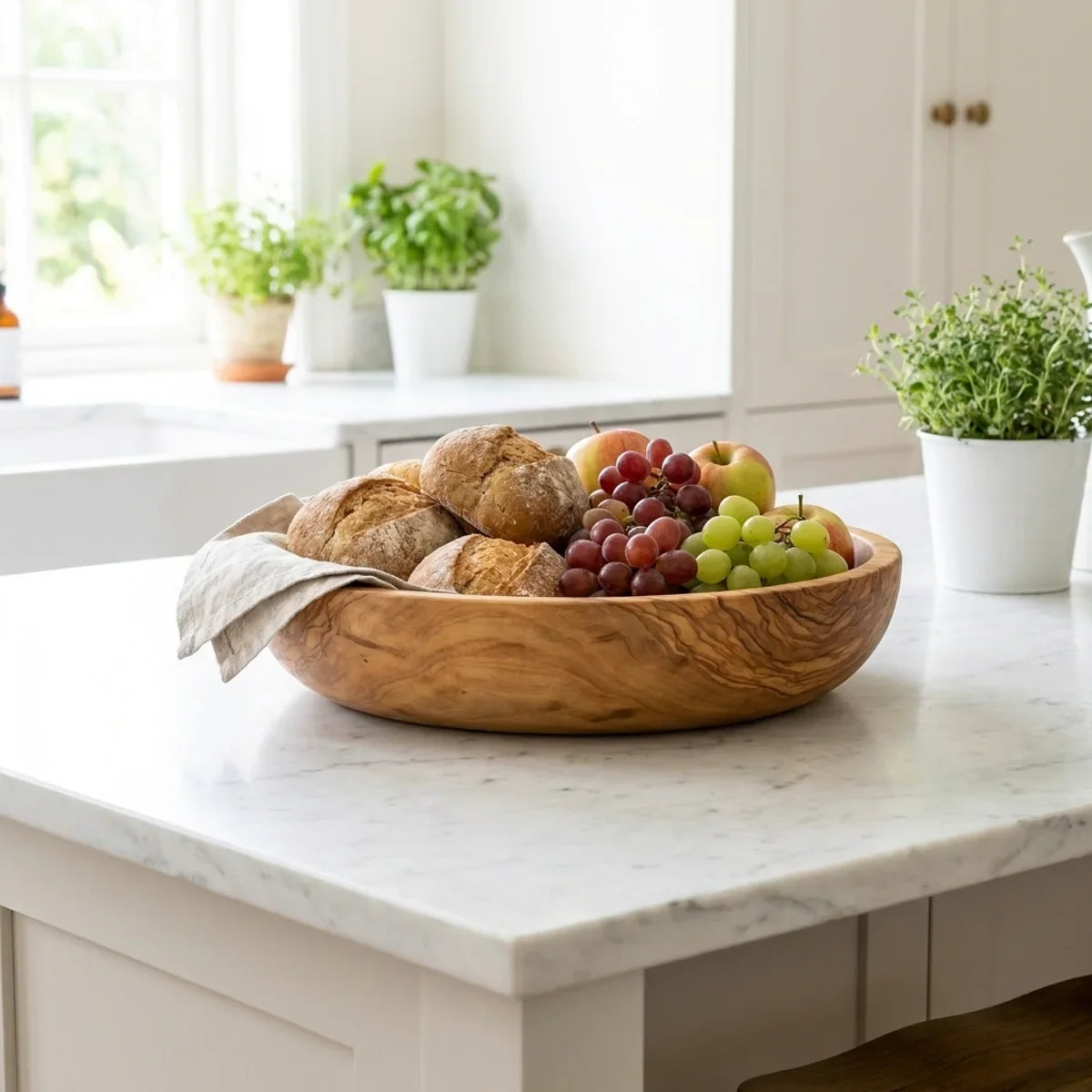 The Alba Olive Wood Bread Bowl in use on a kitchen island