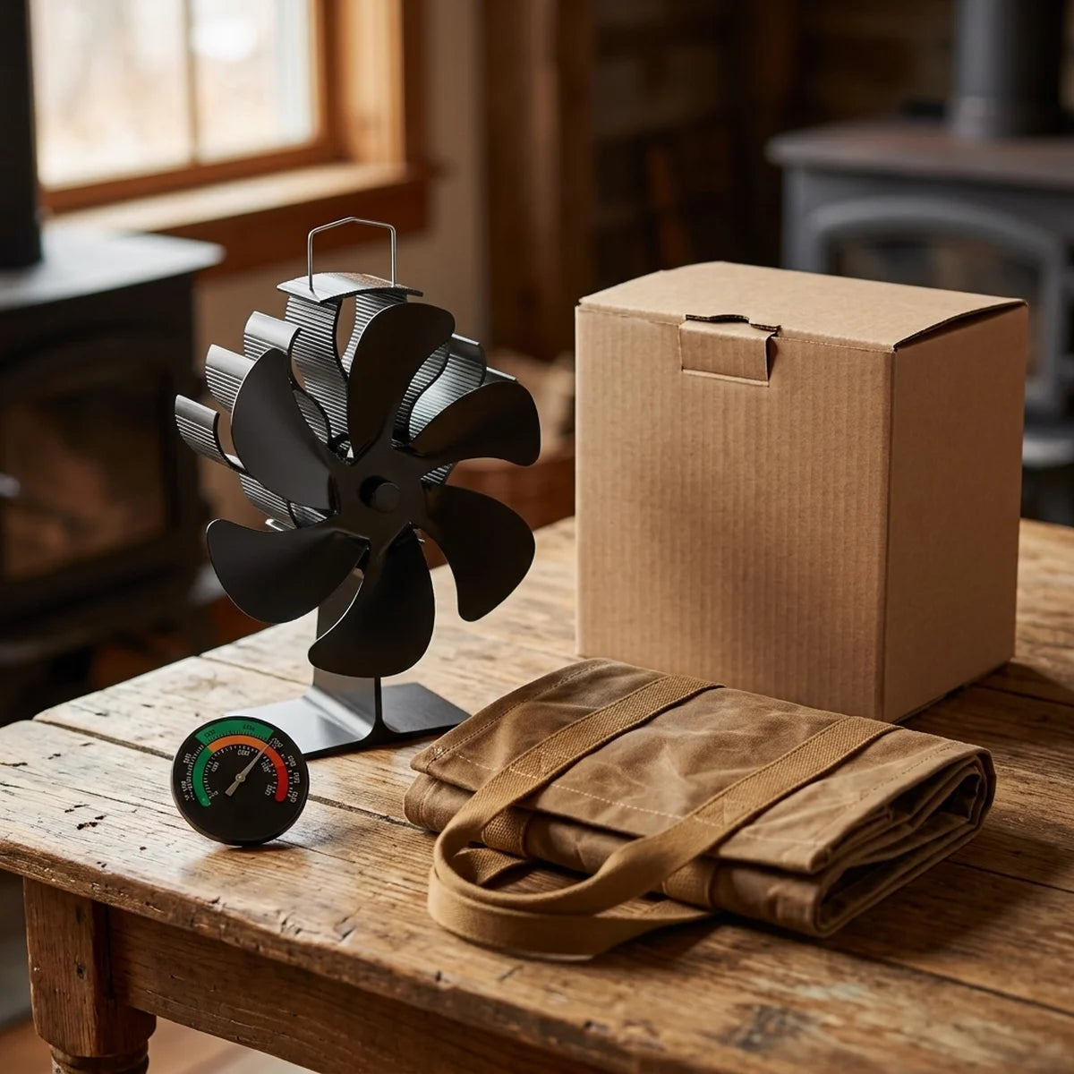 What comes in the kit: stove fan, stove thermometer and waxed canvas log carrier