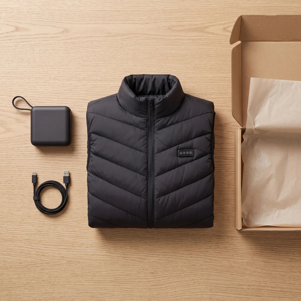 What is in the box: the vest, the USB battery and its cable