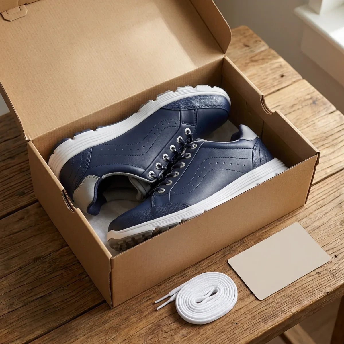 What ships to you: the pair, spare laces and a sizing card