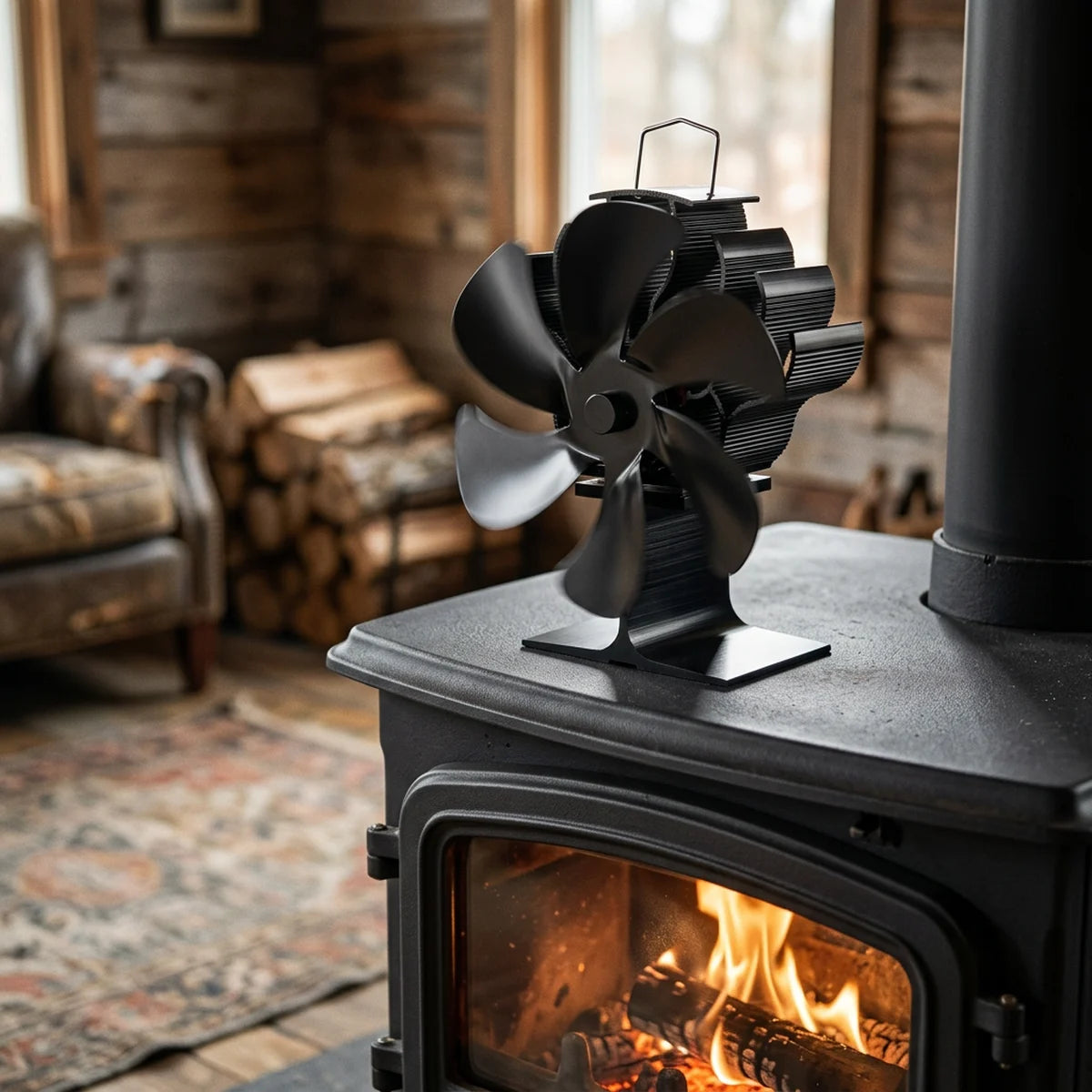 Side view of the stove fan showing the heat-sink fins and the flat foot