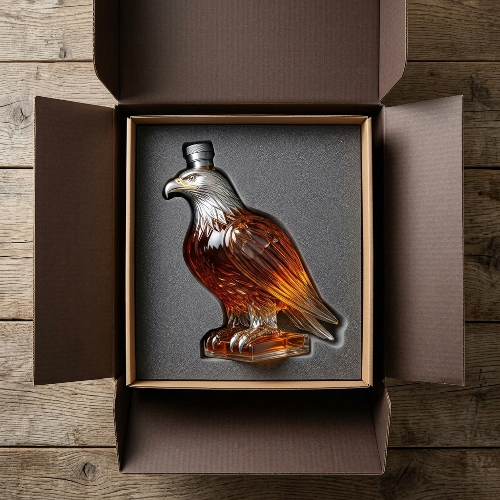 What arrives: decanter nested in custom foam, double-boxed