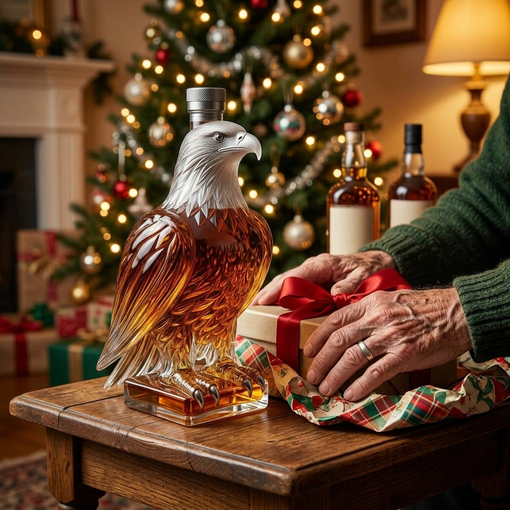 Eagle decanter given as a Christmas gift beside the tree