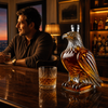 Man pouring an evening drink beside the eagle decanter at his home bar