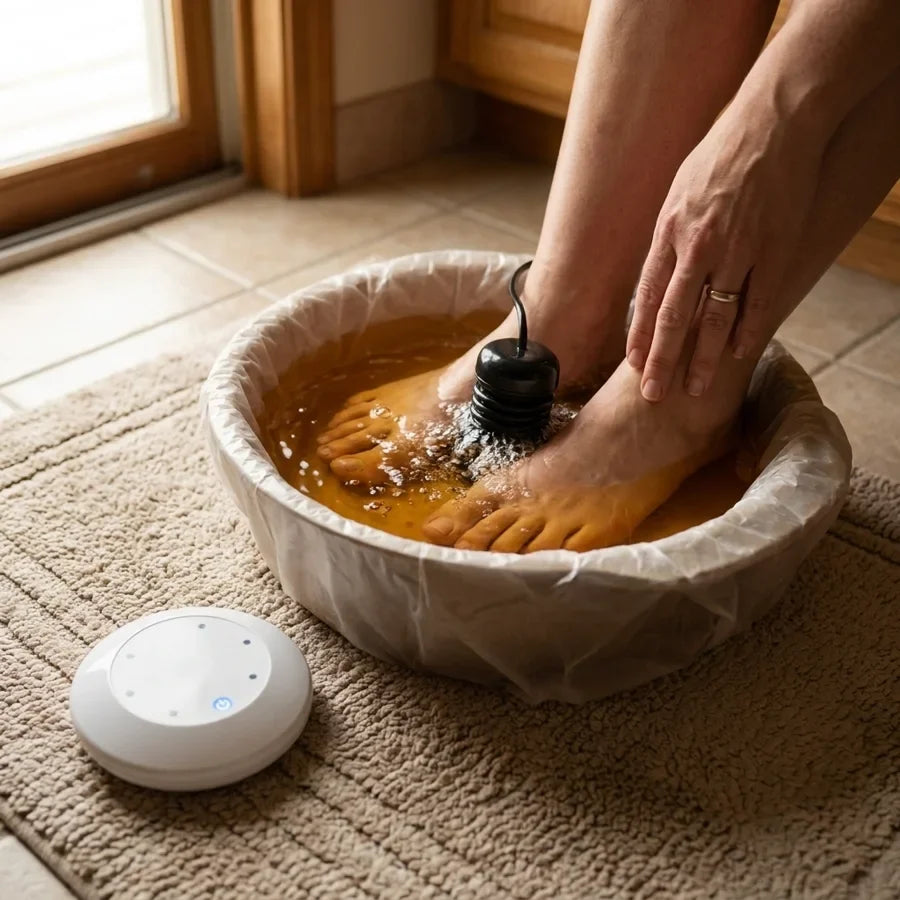 Feet in the amber water with the coil between them, the white controller on the mat